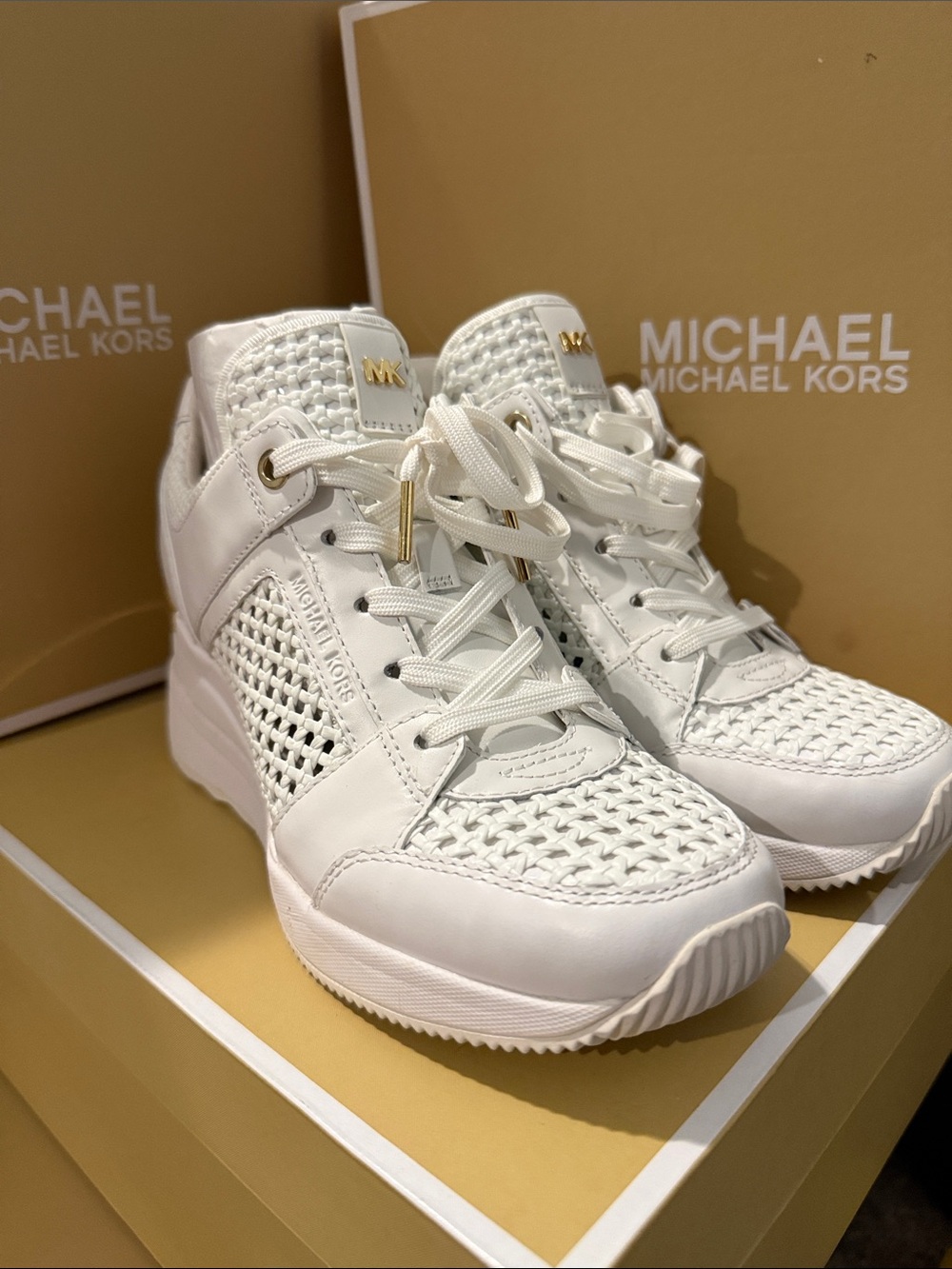 MICHAEL Michael Kors White Woven Leather Wedge Sneakers with Gold Accents